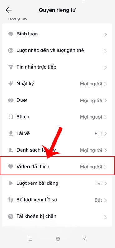 Chạm vào mục Video đã thích