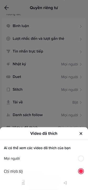 Đã chọn mục Chỉ mình tôi