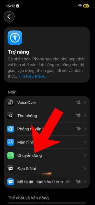 Chạm vào mục Chuyển động