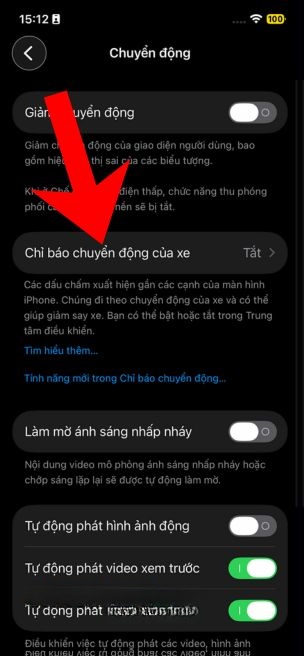 Ấn vào mục Chỉ báo chuyển động của xe