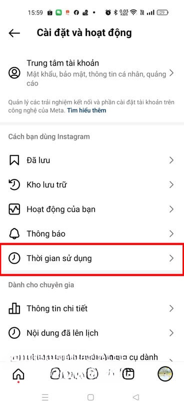 Nhấn vào mục Thời gian sử dụng