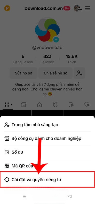 Nhấn vào mục Cài đặt và quyền riêng tư
