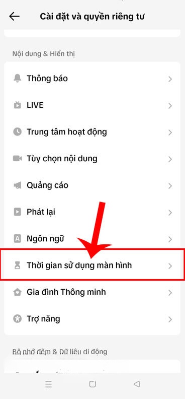 Ấn vào mục Thời gian sử dụng màn hình