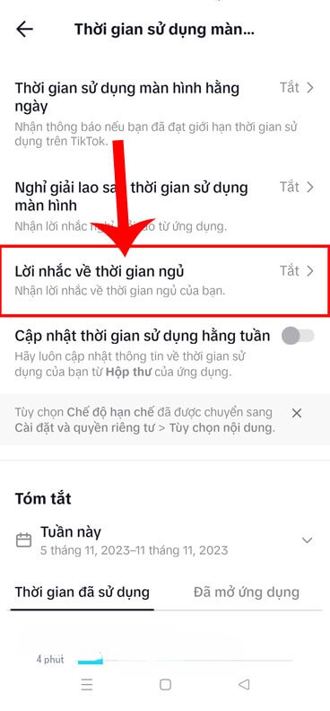 Chạm vào mục Lời nhắc về thời gian ngủ