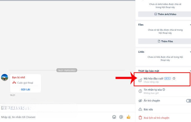 Click chuột vào mục Mã hóa đầu cuối