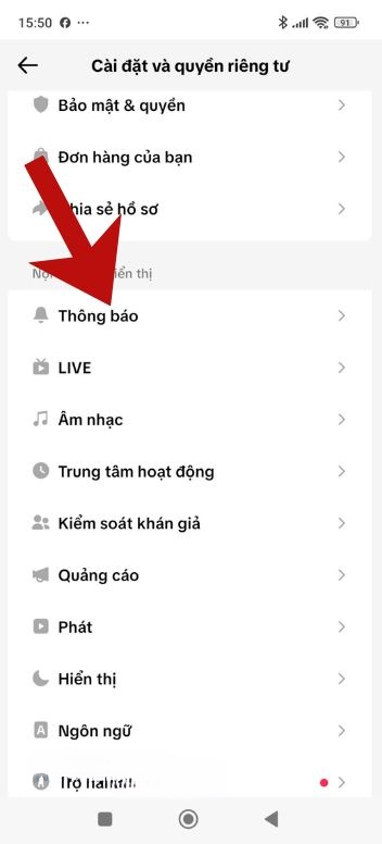 Nhấn vào mục Thông báo