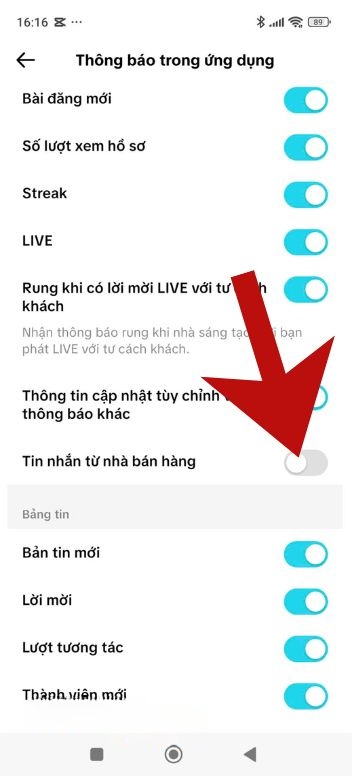 Gạt công tắc tại mục Tin nhắn từ nhà bán hàng