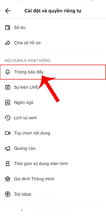 Chạm vào mục Thông báo đẩy