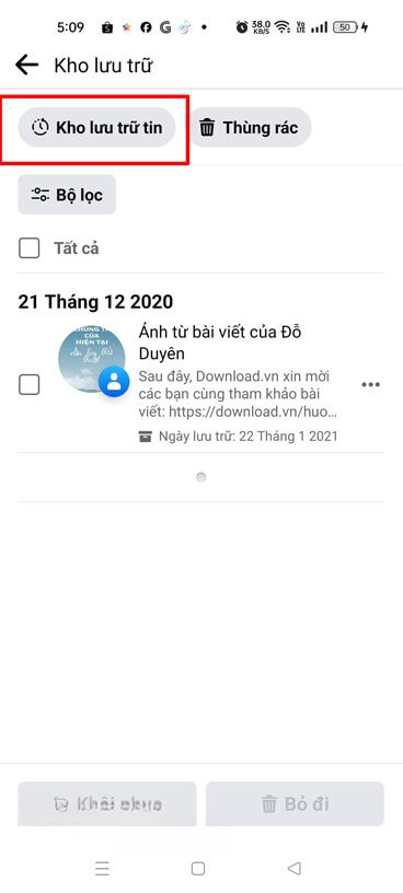Nhấn vào mục Kho lưu trữ tin