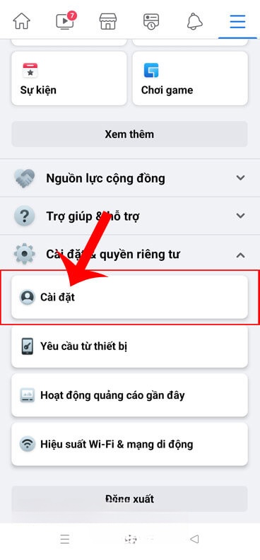 Ấn vào mục Cài đặt