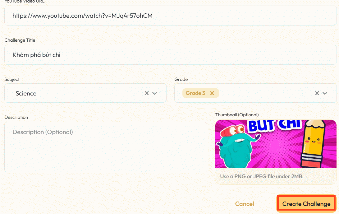 URL video tạo bài giảng trên Kung Fu Quiz
