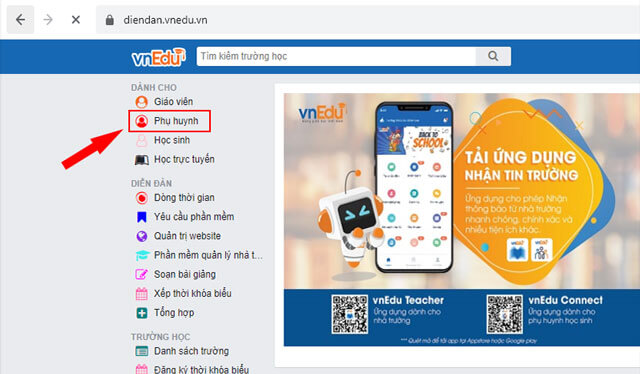Nhấn vào mục Phụ huynh