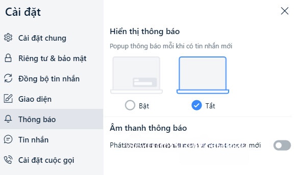Cửa sổ Cài đặt trên Zalo PC