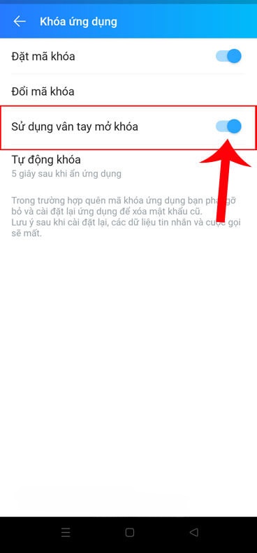 Bật công tắc tại mục Sử dụng vân tay mở khóa