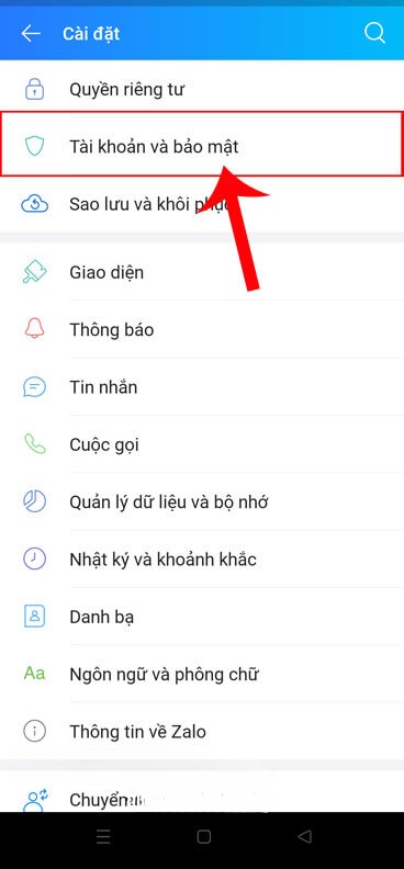Nhấn vào mục Tài khoản và Bảo mật