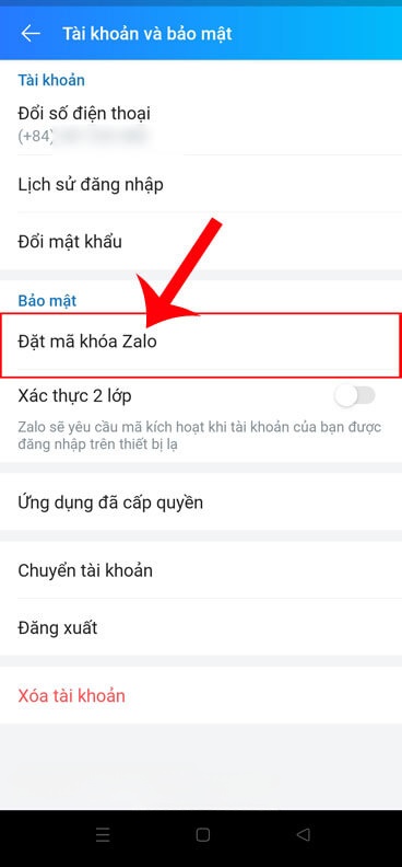 Chạm vào mục Đặt mã khóa Zalo