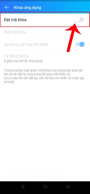 Gạt công tắc tại mục Đặt mã khóa