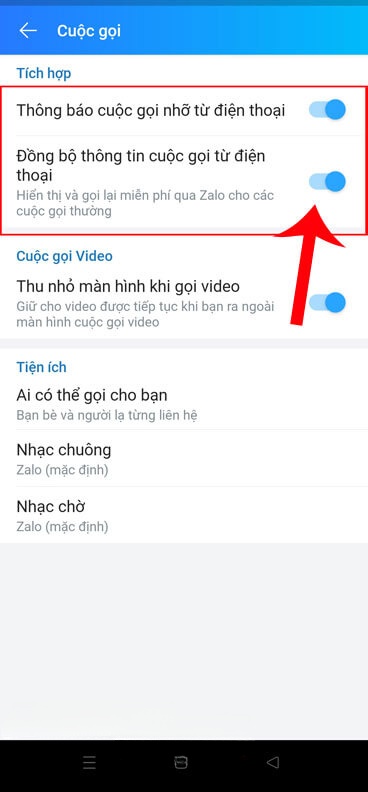 Bật công tắc tại mục Thông báo cuộc gọi nhỡ từ điện thoại và Đồng bộ thông tin cuộc gọi từ điện thoại