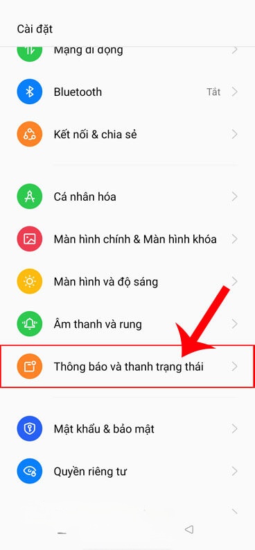 Nhấn vào mục Thông báo và thanh trạng thái