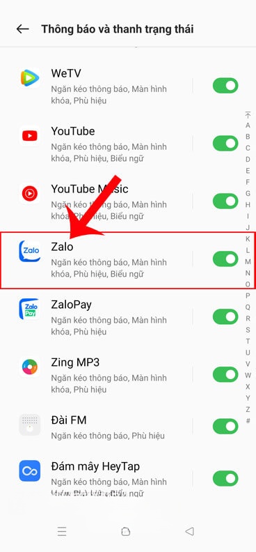 Bật công tắc tại ứng dụng Zalo