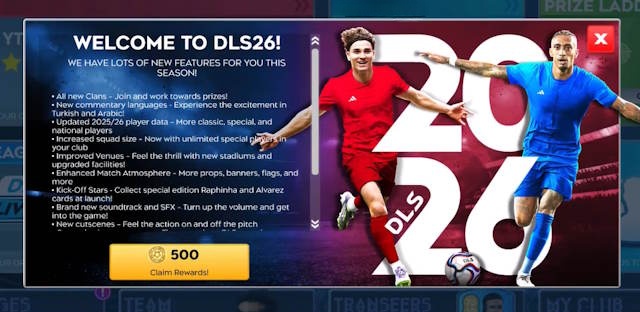 DLS 26 mang đến nhiều tính năng mới trong mùa này. Ấn Claim Rewards để nhận phần thưởng mùa mới