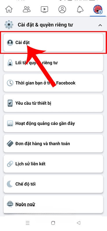 Nhấn vào mục Cài đặt