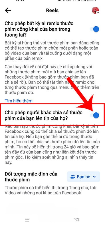 Tắt công tắc tại mục Cho phép người khác chia sẻ thước phim của bạn lên tin của họ?