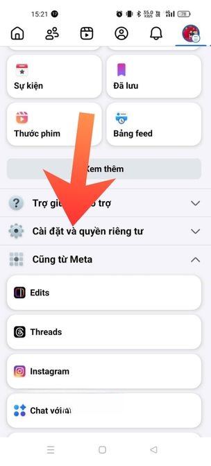 Ấn vào mục Cài đặt và quyền riêng tư