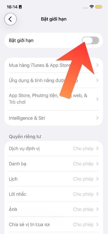 Bật công tác tại mục Bật giới hạn