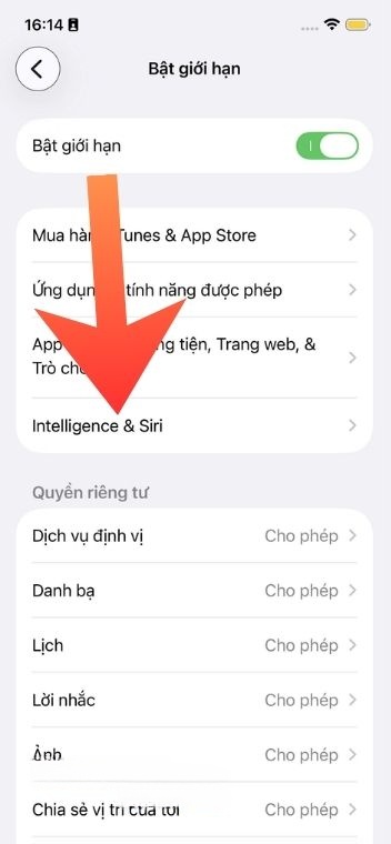 Nhấn vào mục Intelligence & Siri