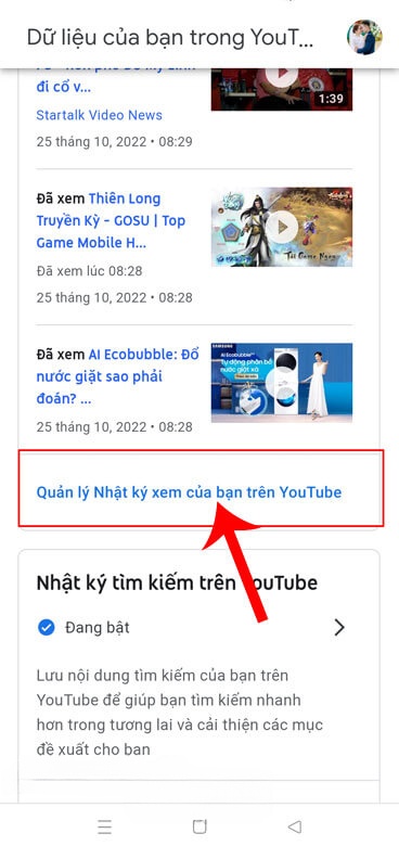 Nhấn vào mục Quản lý Nhật ký xem của bạn trên YouTube