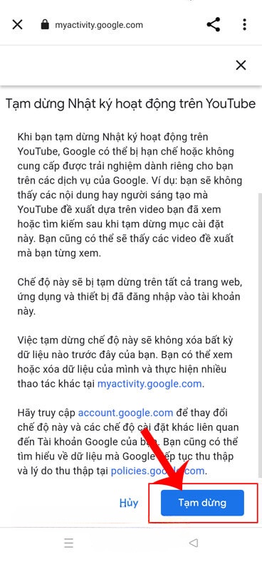 Nhấn vào nút Tạm dừng