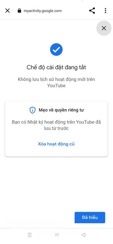 Đã tắt lưu Nhật ký hoạt động trên YouTube