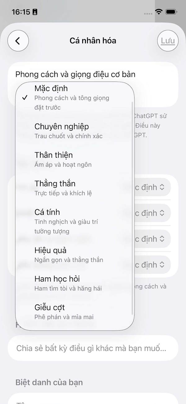 Chọn phong cách ChatGPT