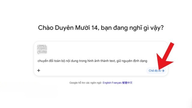 Nhập câu lệnh chuyển đổi nội dung trong ảnh > Nhấp chuột vào nút Chế độ AI
