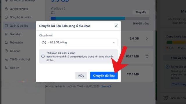 Lựa chọn chuyển tới ổ D > Nhấp chuột vào nút Chuyển dữ liệu