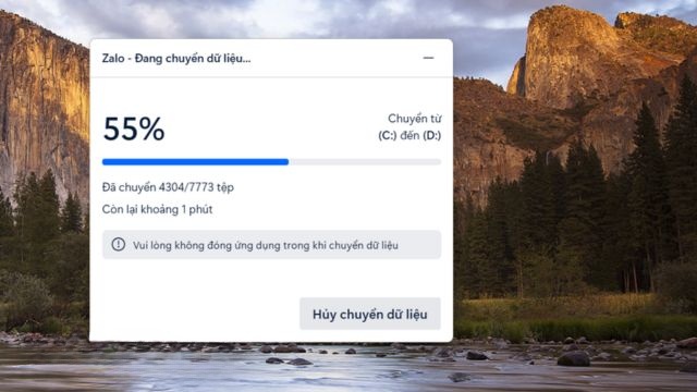 Đợi Zalo bắt đầu chuyển dữ liệu qua ổ đĩa khác