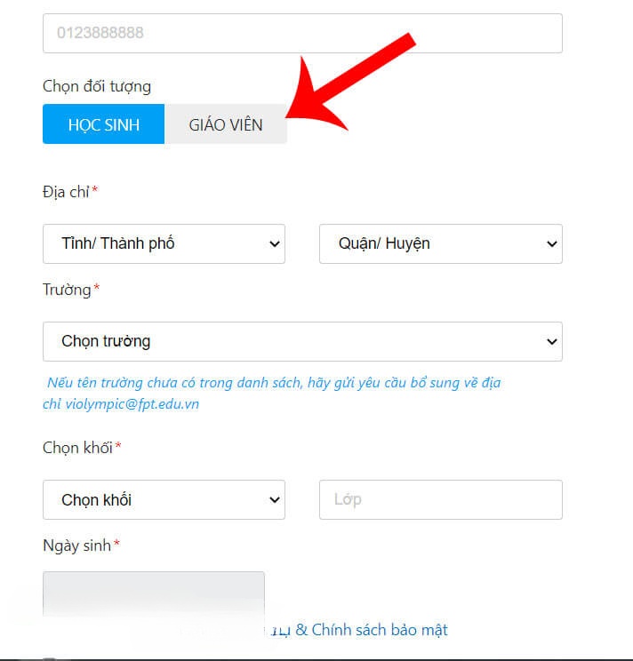 Điền tiếp thông tin Địa chỉ, Khối, Lớp học, Ngày sinh