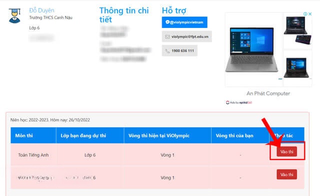 Nhấn vào nút Vào thi