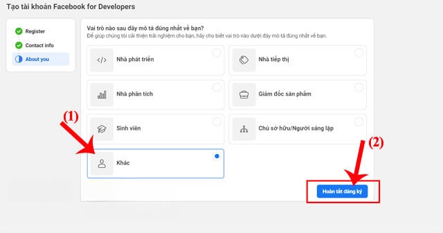 Chọn vai trò của mình > Nhấn nút Hoàn tất đăng ký