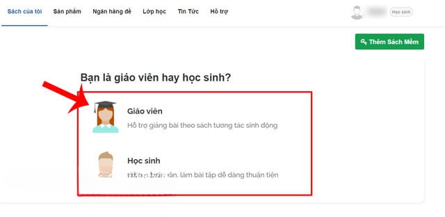 Chọn tài khoản Giáo viên hoặc Học sinh