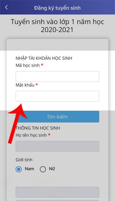 Nhập mã học sinh và mật khẩu