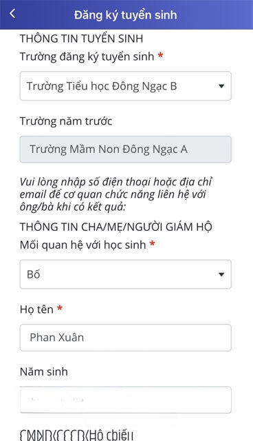 Nhập thông tin phụ huynh