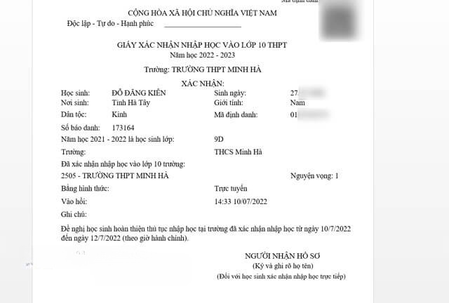 Giấy xác nhận nhập học vào lớp 10 THPT