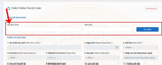 Nhập mã định danh và mật khẩu