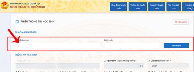 Nhập mã định danh và mật khẩu
