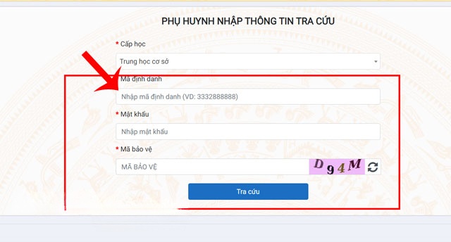 Nhập mã định danh, mật khẩu, mã bảo vệ > Nhấn vào nut Tra cứu