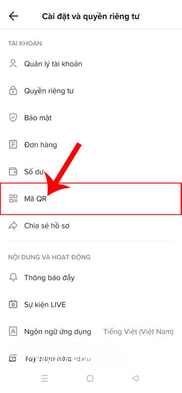 Nhấn vào mục Mã QR