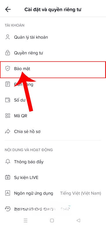 Chạm vào mục Bảo mật