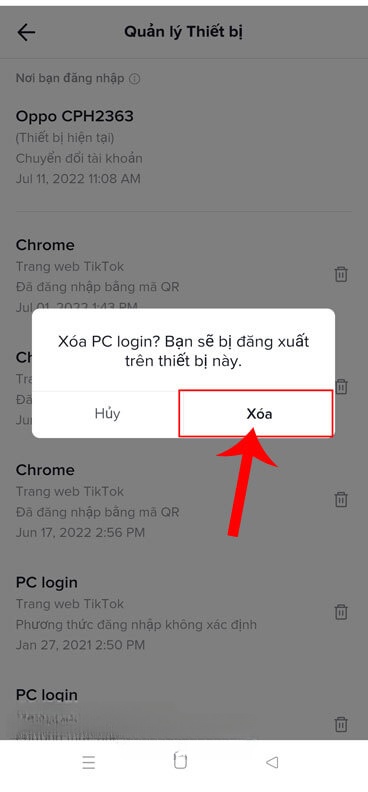 Nhấn vào mục Xóa